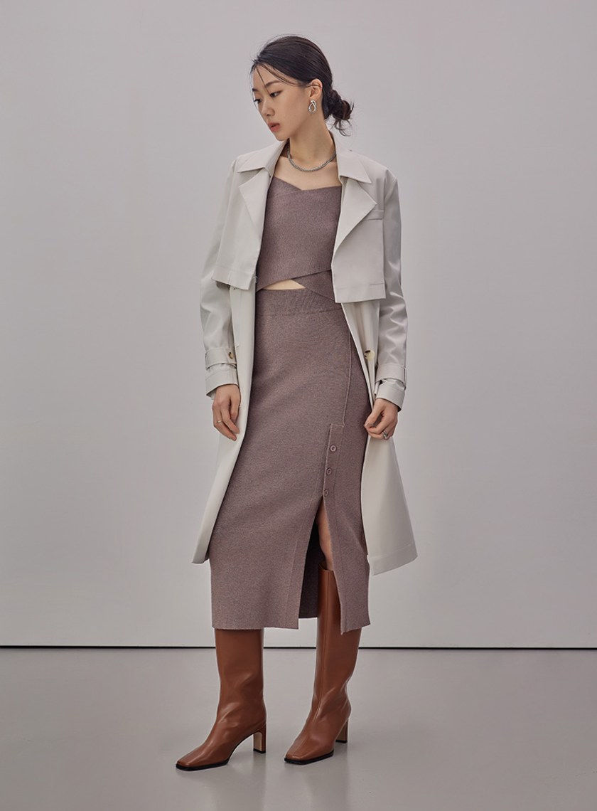 坑條合身針織開衩直筒裙